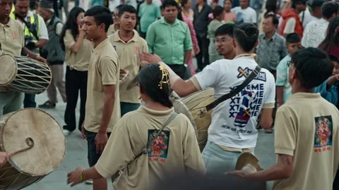Music Group and Crowd at Indra Jatra Festival in Kathmandu Durbar Square Stock Footage 317872995
