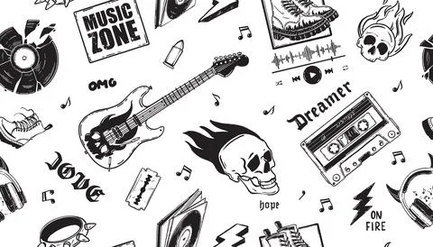 Music grunge seamless pattern, vector rock love endless hand drawn texture Stock Illustration