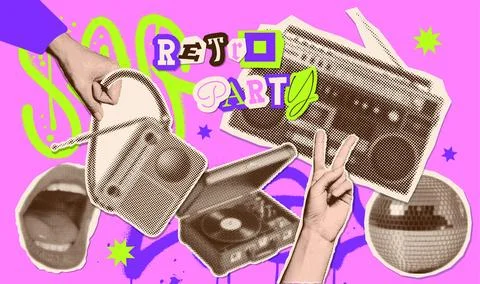 Music halftone collage elements set for retro party design. Hand holding radio Stock Illustration