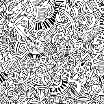 Music hand drawn doodles seamless pattern. Musical instruments background. Stock Illustration