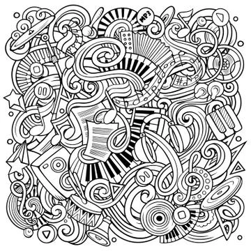 Music hand drawn vector doodles illustration. Musical poster design Illustrazione stock