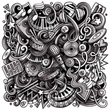 Music hand drawn vector doodles illustration. Musical poster design. Illustrazione stock