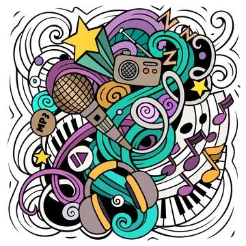 Music hand drawn vector doodles illustration. Musical poster design Illustrazione stock