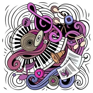 Music hand drawn vector doodles illustration. Musical poster design Stock Illustration