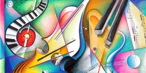 Music - Handmade illustration about music and musical instruments, colourfull Stock Illustration