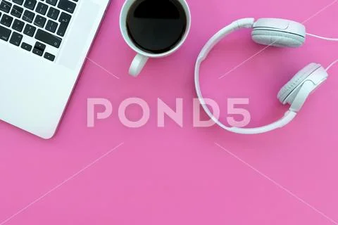 Music Headphones Computer Keyboard Laptop + Coffee On Pink Background