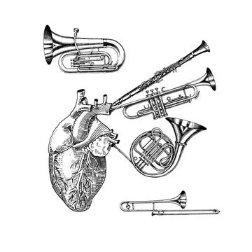 Music of the heart in vintage style. Jazz Musical Trombone Trumpet Flute French Stock Illustration