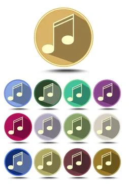 Music icon set, note symbol in flat design with long shadow, different color  Stock Illustration