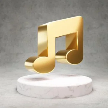 Music icon. Shiny golden Music symbol on white marble podium. Stock Illustration