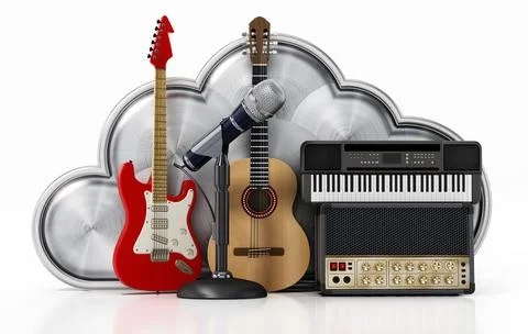 Music instruments and cloud shape isolated on white background. 3D illustrati Stock Illustration