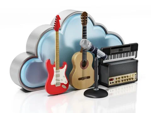 Music instruments and cloud shape isolated on white background. 3D illustrati Illustrazione stock