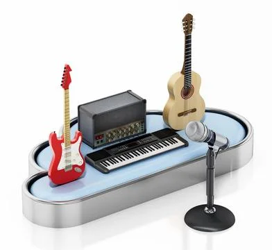 Music instruments and cloud shape isolated on white background. 3D illustr... Stock Photos