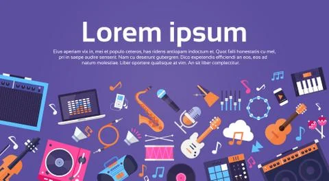 Music Instruments And Equipment Electronics Icons Banner With Copy Space Illustrazione stock