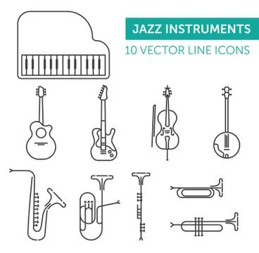 Music instruments. Black line vector icons set Stock Illustration