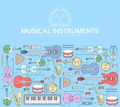 Music instruments on modern wall concept. Icons design for your product or Stock Illustration