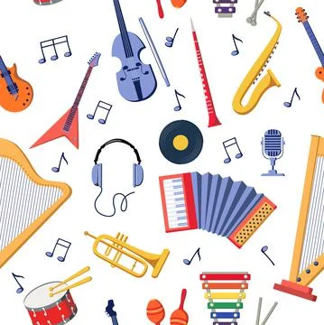 Music instruments pattern. Background with musical notes and orchestra equipment Illustrazione stock