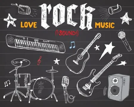 Music Instruments Set. Hand Drawn Sketch, Vector Illustration On Chalkboard. Stock Illustration