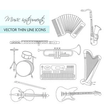 Music instruments thin line icon set for web and mobile Stock Illustration