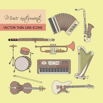 Music instruments thin line icon set for web and mobile Illustrazione stock
