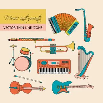 Music instruments thin line icon set for web and mobile. Stock Illustration