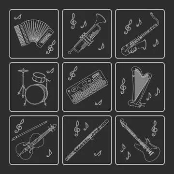 Music instruments thin line icon set for web and mobile Stock Illustration