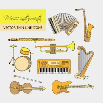 Music instruments thin line icon set for web and mobile Stock Illustration