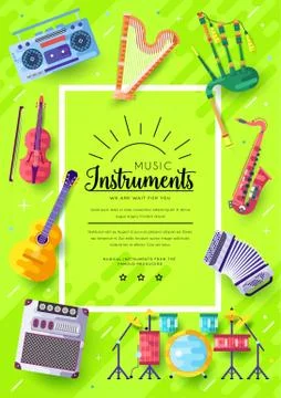 Music instruments  vector brochure cards set.  Audio tools template of flye Stock Illustration