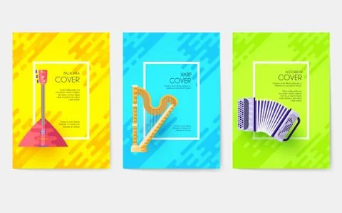 Music instruments vector cards set. Audio tools template of flyer, magazines Stock Illustration