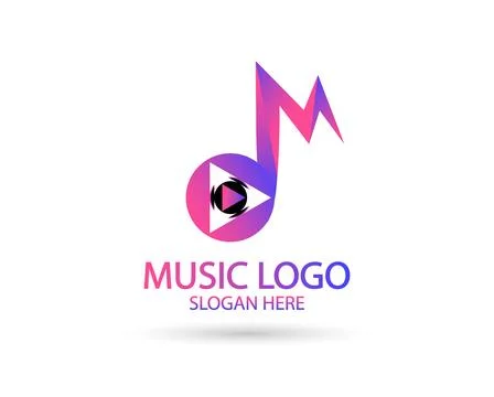Music logo template. Musical note and vinyl record with play icon vector de.. Stock-Illustration