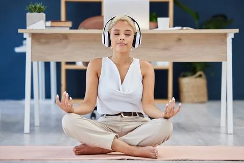 Music, meditation and yoga with a business black woman finding inner peace or Stock Photos