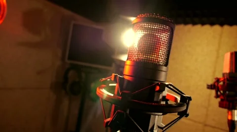 Music microphone in the recording studio in the lights moving camera Stock Footage 66262986
