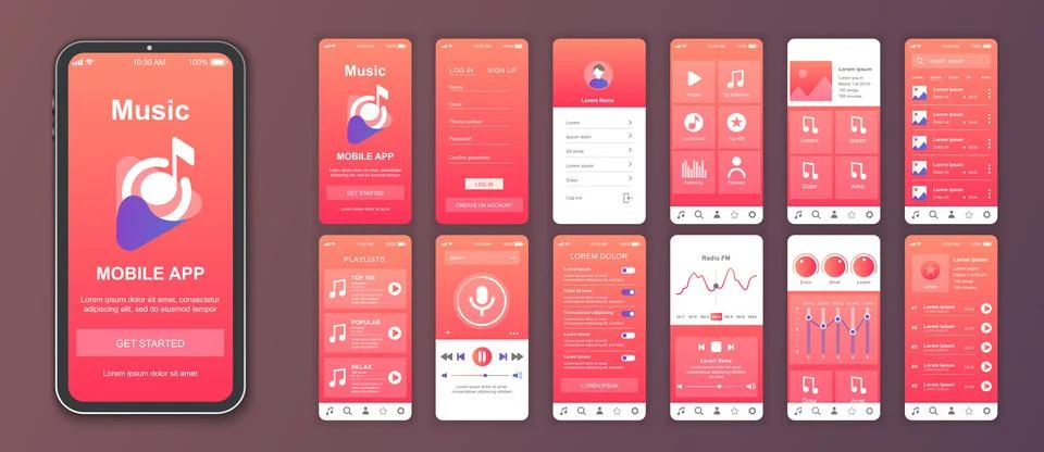 Music mobile app interface screens template set. Online account, playlist, so Stock Illustration