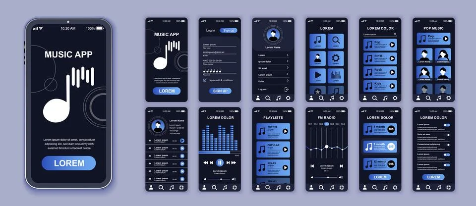 Music mobile app interface screens template set. Account login, settings, p.. Stock Illustration