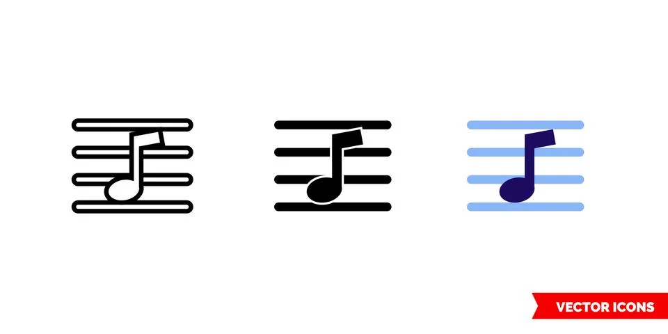 Music notation icon of 3 types color, black and white, outline. Isolated vect Stock Illustration
