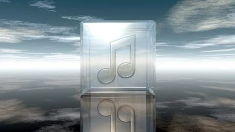Music note in glass cube under cloudy sky - 3d rendering Stock-Illustration