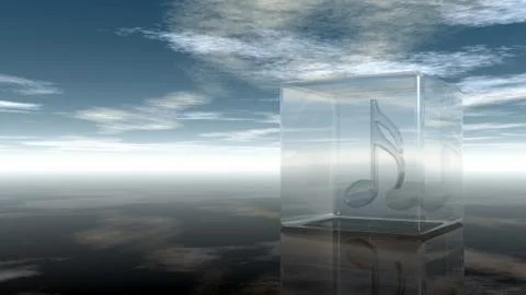 Music note in glass cube under cloudy sky - 3d rendering Stock Illustration