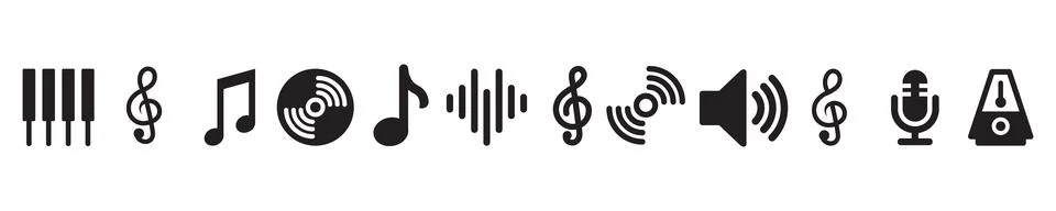 Music note icon set. Vector music notes including speaker, microphone, pian.. Stock Illustration