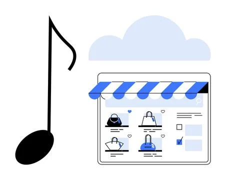Music note next to an online store interface displaying various bags under a  Stock Illustration