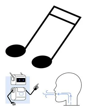 Music note robot gesturing, human head with breathing arrows. Ideal for techn Stock Illustration