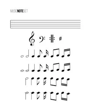 Music note set. Vector different music notes, stave, treble and bass clefs. イラスト素材