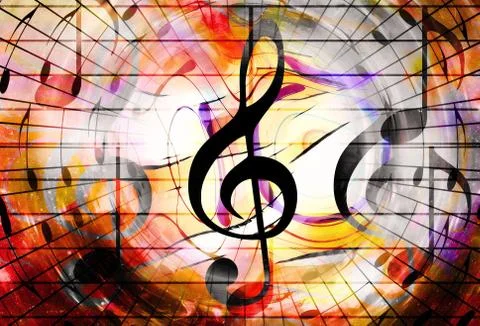 Music notes and clef in space with stars. abstract color background. Music Illustrazione stock