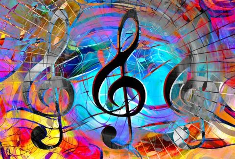 Music notes and clef in space with stars. abstract color background. Music Illustrazione stock