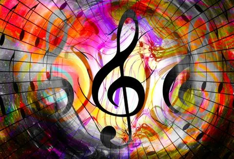 Music notes and clef in space with stars. abstract color background. Music Illustrazione stock