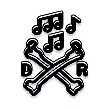 Music notes and crossbones with letters d r graphic Stock Illustration