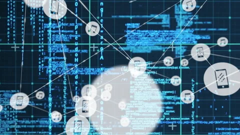 Music notes and data processing animation over digital code and network Video stock 303461909