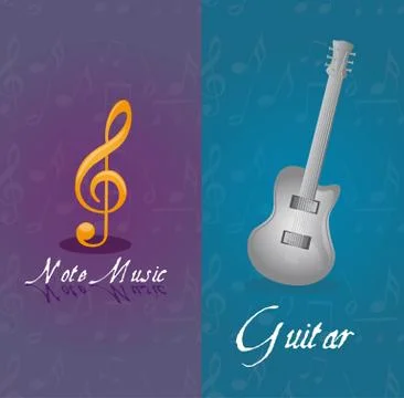 Music notes and guitar over blue and violet vector illustration Illustrazione stock