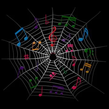 Music notes and spider web dark background Stock Illustration