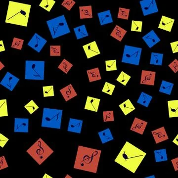 Music notes and treble clef in bright squares on a black background. Stock Illustration