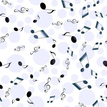 Music notes and a treble clef are scattered over a white background with circ Stock Illustration