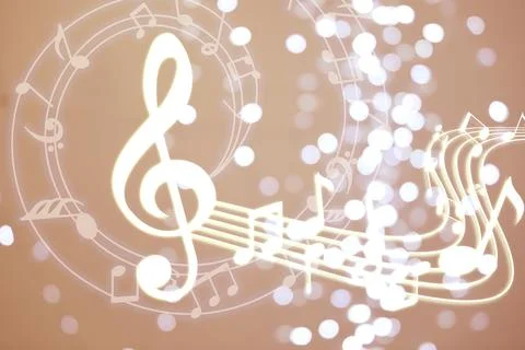 Music notes on background with blurred lights, bokeh effect Stock Photos